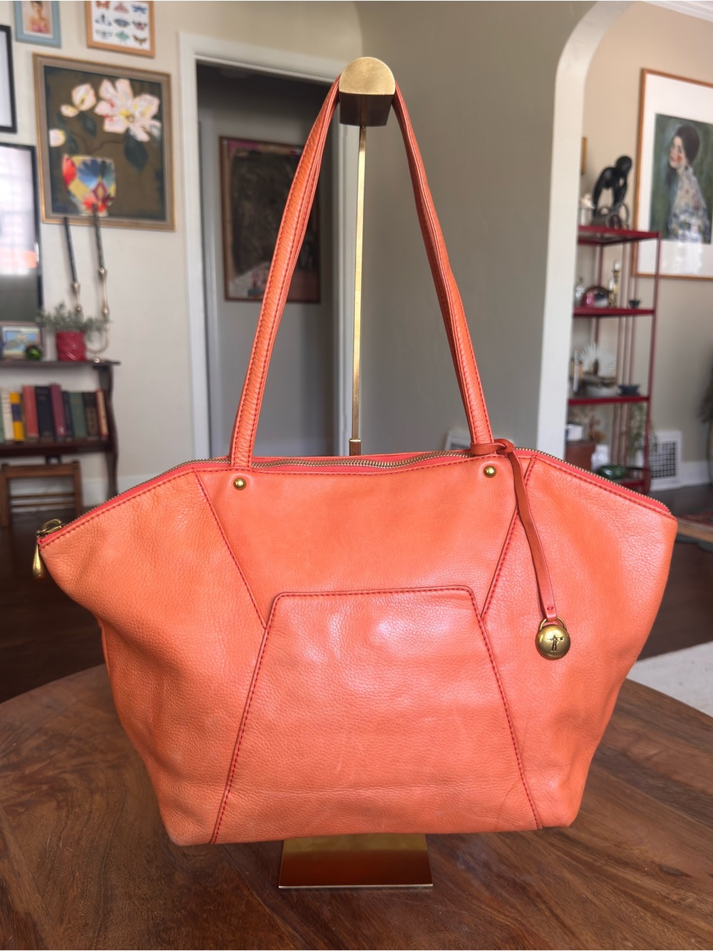 HOBO International Orange Leather Tote Bag Large Shoulder Bag Zip Top Closure